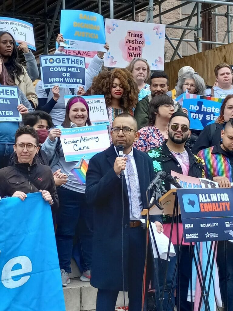 Ricardo Martinez of Equality Texas speaks out at the Texas statehouse against anti-LGBTQ legislation in the previous legislative session | GLAAD Ricardo Martinez of Equality Texas speaks out at the Texas statehouse against anti-LGBTQ legislation in the previous legislative session