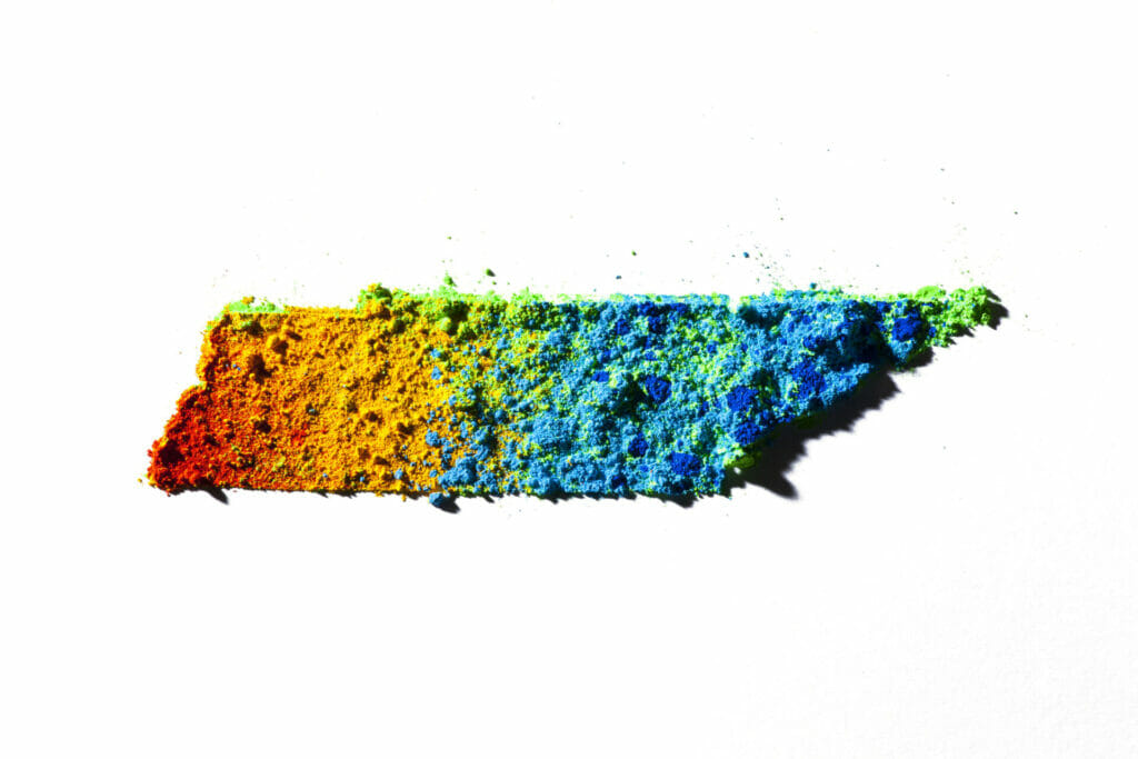Map of Tennessee, USA with colored powder