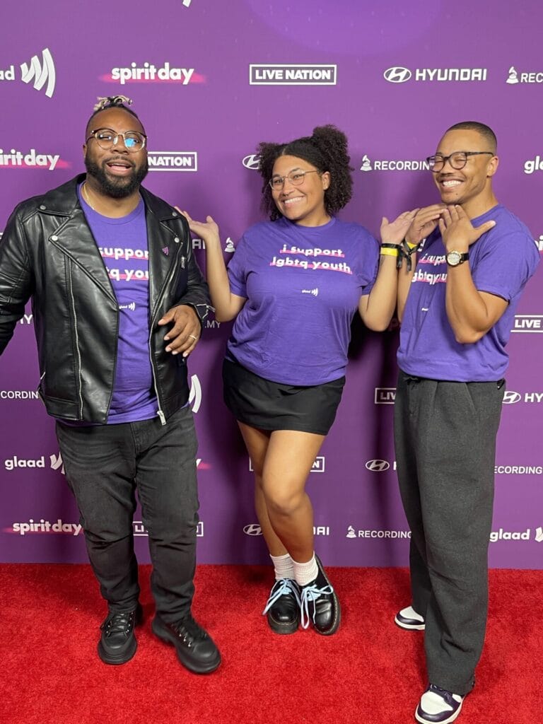 IMG_9385 | GLAAD DaShawn Usher (Director, Communities of Color and Media), Kayla Thompson (Associate, Communities of Color and Media), and Julian J. Walker (Associate Director, Communities of Color and Media) donning their purple for LGBTQ youth at the #SpiritDay Concert.