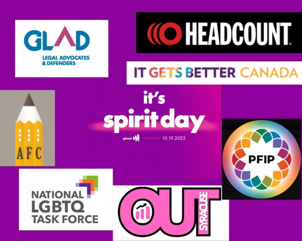 A purple header image that reads "It's Spirit Day" in the center. It is surrounded by the logos for LGBTQ Task Force, OUT Syracuse, HeadCount, It Gets Better Canada, PFIP, AFC, and GLAD