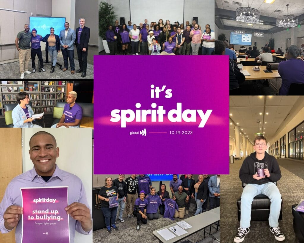 A collage of GLAAD Media Institute Alumni from Kansas City and Las Vegas who activated for Spirit Day. The center image is a purple gradient with "It's Spirit Day" in the center.
