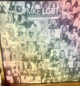 IMG_4723 | GLAAD A black and white photo collage with numerous faces of LGBTQ people in history like Marsha P. Johnson and others. The collage appears with a slight rainbow hue.