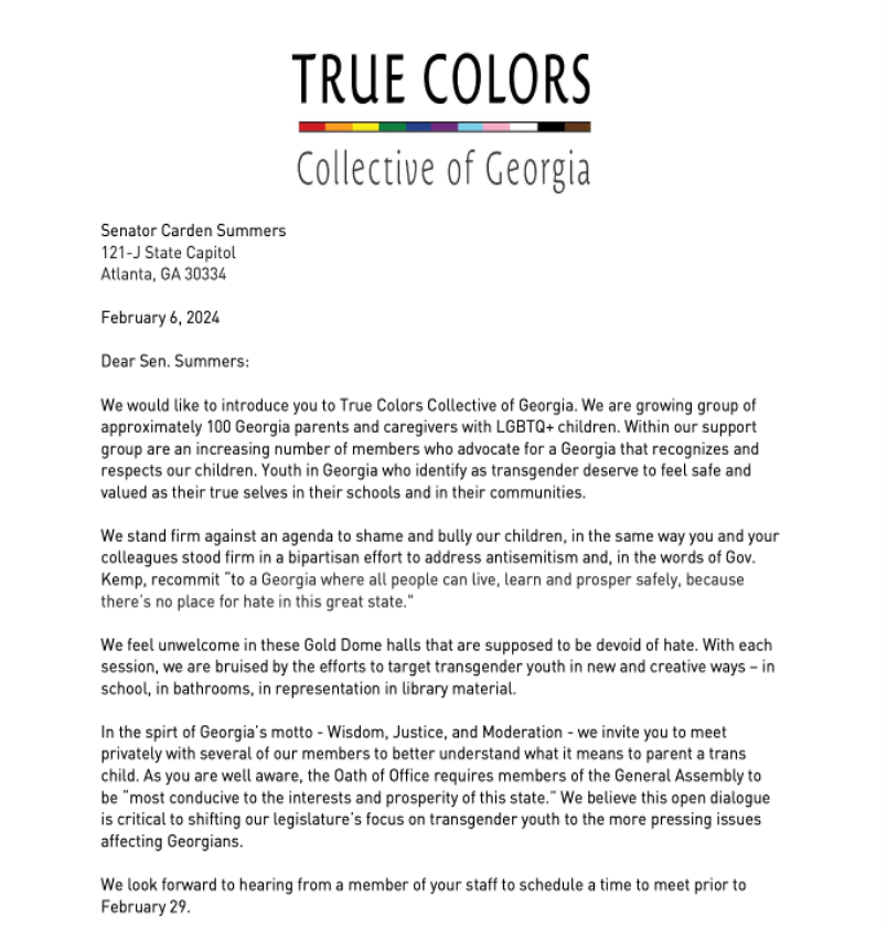 True Colors Collective of Georgia, letter to Senator Carden Summers | GLAAD True Colors Collective of Georgia, letter to Senator Carden Summers
