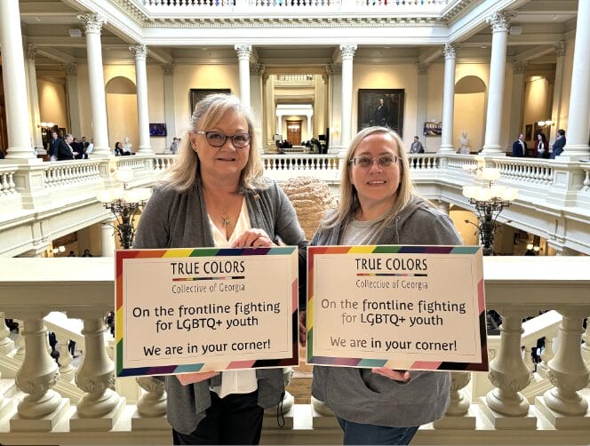 Beverly Wynne (left), Andrea Kramer (right), members of True Colors Collective inside the Georgia State Capitol on February 6, 2024. | GLAAD Beverly Wynne (left), Andrea Kramer (right), members of True Colors Collective inside the Georgia State Capitol on February 6, 2024.