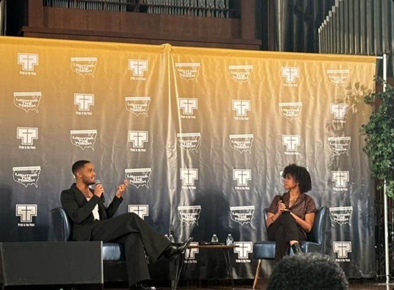 Actor Nicholas Ashe (left) and theologian Ciarra Jones (right) in conversation during Pride in The Pews’ State of The Black Church Symposium at Spelman College on February 2, 2024.