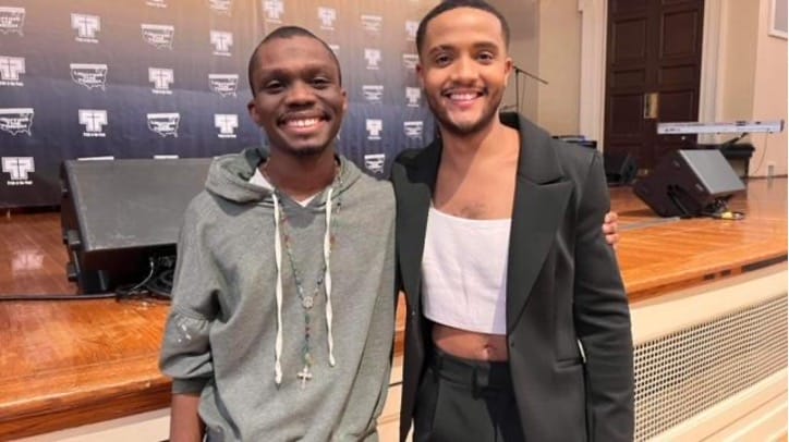 A.J. Thomson (left) and Nicholas Ashe (right) share a moment following their exchange during the Q&A portion of Ashe’s talk during the State of the Black Church Symposium. | GLAAD A.J. Thomson (left) and Nicholas Ashe (right) share a moment following their exchange during the Q&A portion of Ashe’s talk during the State of the Black Church Symposium.
