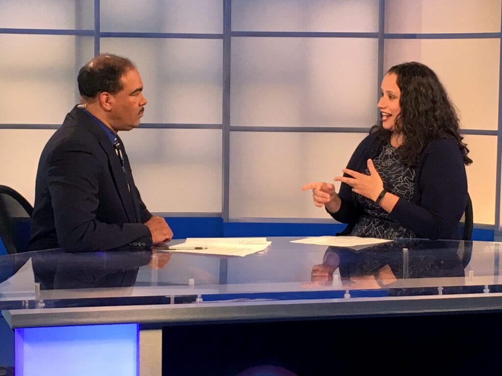 Michelle speaking to Rick Jackson in Cleveland, Ohio in 2016 on the WVIZ ideastream TV news program NewsDepth. Photo courtesy of author | GLAAD Michelle speaking to Rick Jackson in Cleveland, Ohio in 2016 on the WVIZ ideastream TV news program NewsDepth. Photo courtesy of author