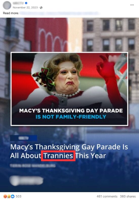 Screenshot of Facebook post that features a derogatory slur (November 22, 2023) | GLAAD Screenshot of Facebook post that features a derogatory slur (November 22, 2023)