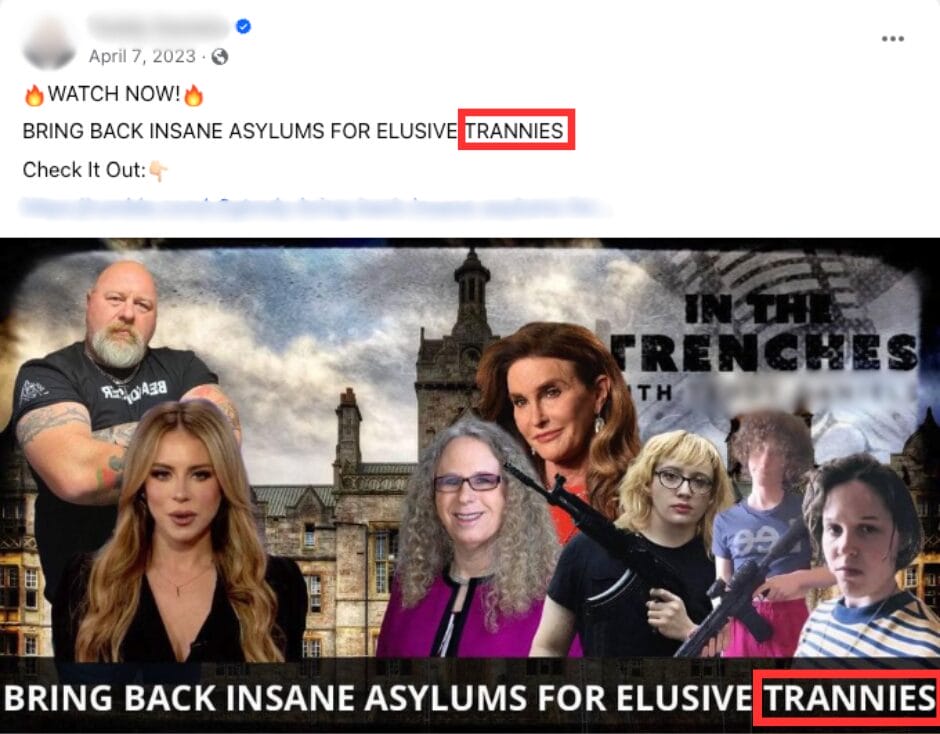 Screenshot of Facebook post that features a derogatory slur and violative false mental illness assertion (April 7, 2023) | GLAAD Screenshot of Facebook post that features a derogatory slur and violative false mental illness assertion (April 7, 2023)
