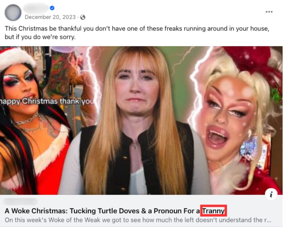 Screenshot of Facebook post that features a derogatory slur (December 20, 2023) | GLAAD Screenshot of Facebook post that features a derogatory slur (December 20, 2023)