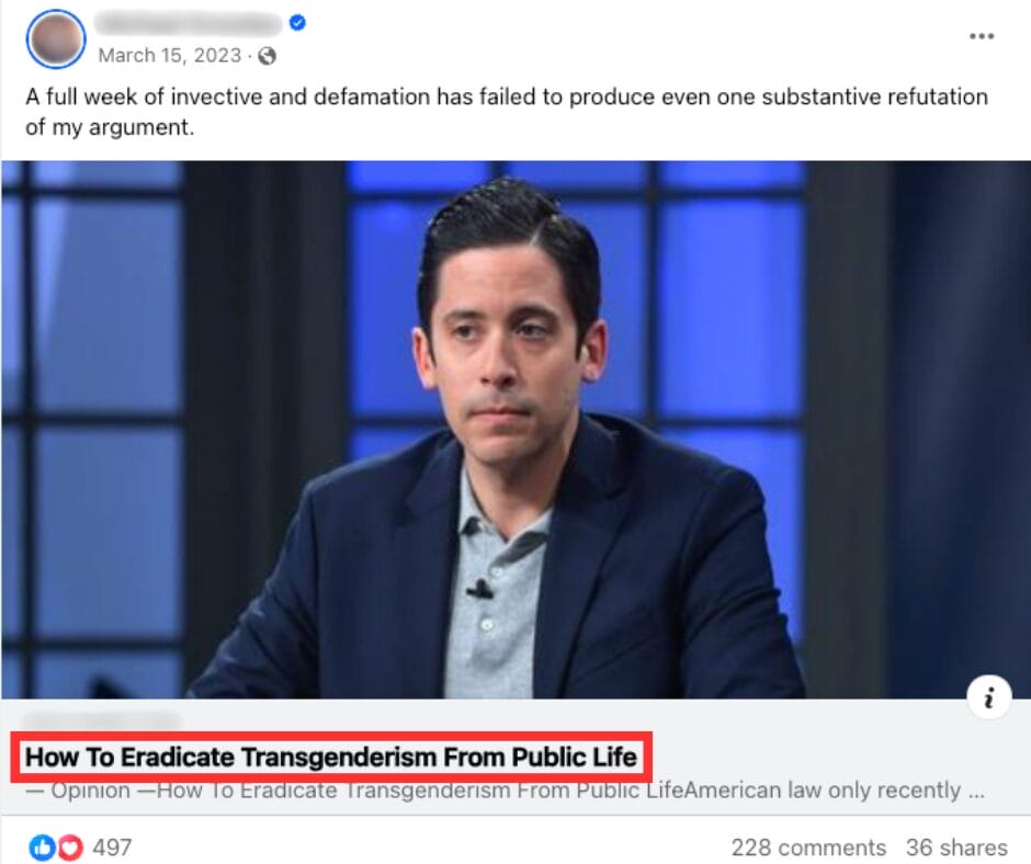 Screenshot of Facebook post that calls to “eradicate transgenderism” (March 15, 2023) | GLAAD Screenshot of Facebook post that calls to “eradicate transgenderism” (March 15, 2023)