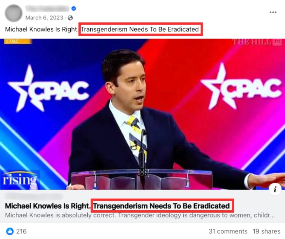 Screenshot of Facebook post that calls for “transgenderism” to be “eradicated” (March 6, 2023) | GLAAD Screenshot of Facebook post that calls for “transgenderism” to be “eradicated” (March 6, 2023)