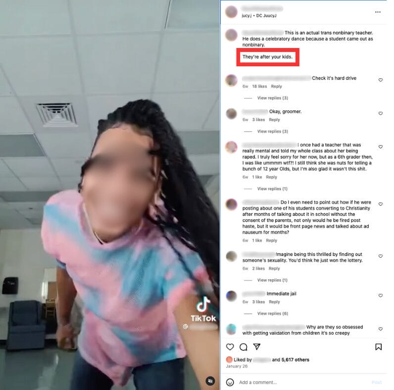 Screenshot of an Instagram post that targets a private individual by listing their account name and saying “they’re after your kids.” (January 26, 2024) | GLAAD Screenshot of an Instagram post that targets a private individual by listing their account name and saying “they’re after your kids.” (January 26, 2024)