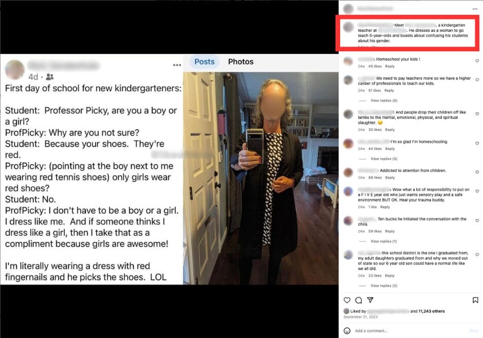 Screenshot of Instagram post that specifically targets a private, gender-nonconforming teacher (September 21, 2023) | GLAAD Screenshot of Instagram post that specifically targets a private, gender-nonconforming teacher (September 21, 2023)