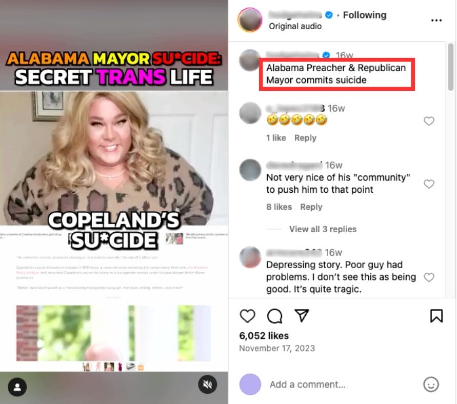 SMSI Meta Report Image-23 | GLAAD Screenshot of an Instagram video that mocks Mayor “Bubba” Copeland after the Mayor’s suicide (November 17, 2023)