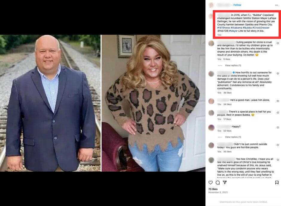 Screenshot of an Instagram post that leaked photos of Mayor “Bubba” Copeland in feminine clothing prior to the Mayor’s suicide (November 2, 2023) | GLAAD Screenshot of an Instagram post that leaked photos of Mayor “Bubba” Copeland in feminine clothing prior to the Mayor’s suicide (November 2, 2023)