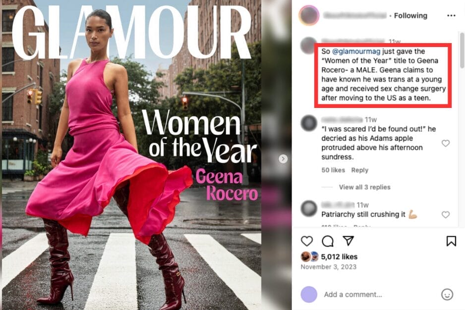 Screenshot of Instagram post that intentionally misgenders and harasses model Geena Rocero (November 3, 2023) | GLAAD Screenshot of Instagram post that intentionally misgenders and harasses model Geena Rocero (November 3, 2023)