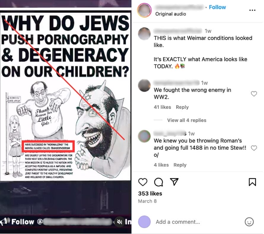 Screenshot of an Instagram video featuring extreme antisemitic tropes and imagery, including the phrase: “the mental illness called transgenderism” (March 8, 2024) | GLAAD Screenshot of an Instagram video featuring extreme antisemitic tropes and imagery, including the phrase: “the mental illness called transgenderism” (March 8, 2024)