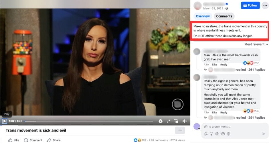 Screenshot of Facebook video that characterizes trans people as being “mentally ill” and “evil” (March 28, 2023) | GLAAD Screenshot of Facebook video that characterizes trans people as being “mentally ill” and “evil” (March 28, 2023)