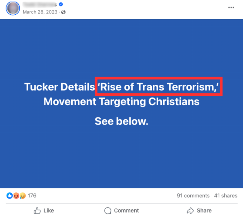 SMSI Meta Report Image-11 | GLAAD Screenshot of Facebook post that promotes the conspiracy theory of “trans terrorism” (March 28, 2023)