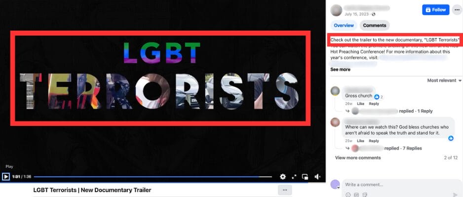 Screenshot of Facebook video that characterizes LGBT people as being “terrorists” (July 15, 2023) | GLAAD Screenshot of Facebook video that characterizes LGBT people as being “terrorists” (July 15, 2023)