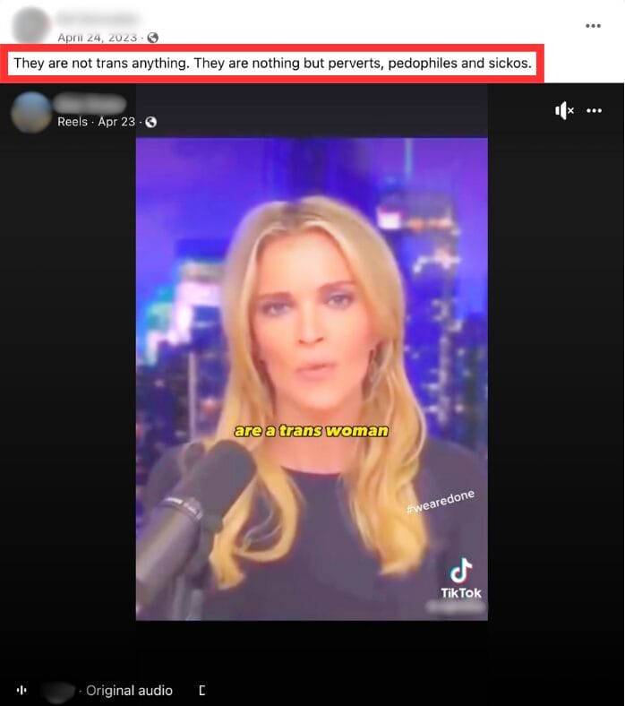 Screenshot of Facebook video that characterizes trans people as “perverts” and “pedophiles” (April 24, 2023) | GLAAD Screenshot of Facebook video that characterizes trans people as “perverts” and “pedophiles” (April 24, 2023)