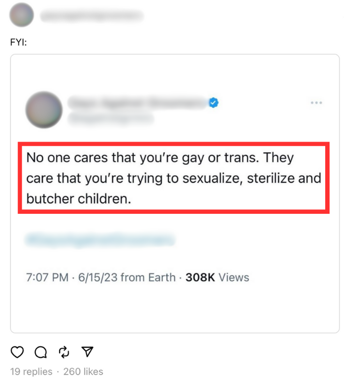 Screenshot of Threads post that falsely claims gay and trans people “sexualize” children (June 15, 2023) | GLAAD Screenshot of Threads post that falsely claims gay and trans people “sexualize” children (June 15, 2023)
