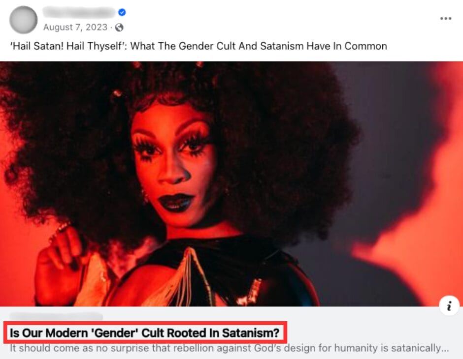 Screenshot of Facebook post that characterizes trans people as being “rooted in Satanism” (August 7, 2023) | GLAAD Screenshot of Facebook post that characterizes trans people as being “rooted in Satanism” (August 7, 2023)