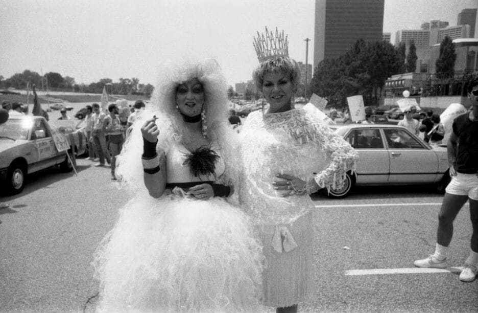 Lily White (left) and fellow drag performer Charlie Brown appeared dressed to the nines for the Atlanta Gay Pride Parade in 1986. Photo: Neil McGahee | GLAAD Lily White (left) and fellow drag performer Charlie Brown appeared dressed to the nines for the Atlanta Gay Pride Parade in 1986. Photo: Neil McGahee