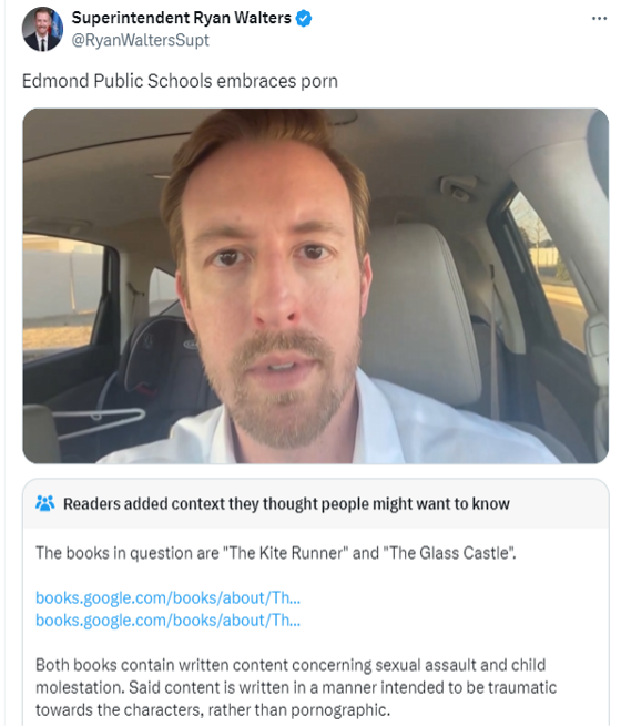Ryan Walters claims Edmond Public Schools is “leading the charge to put pornography back in our schools.” Source: X @RyanWaltersSupt | GLAAD Ryan Walters claims Edmond Public Schools is “leading the charge to put pornography back in our schools.”Source: X @RyanWaltersSupt