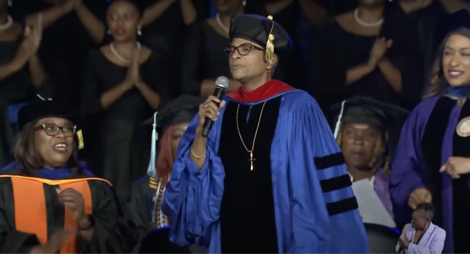 Bishop Yvette A. Flunder sings Walter Hawkins classic “Thank You” with Spelman College Glee Club during Baccalaureate Service. (Image: Screenshot via YouTube) | GLAAD Bishop Yvette A. Flunder sings Walter Hawkins classic “Thank You” with Spelman College Glee Club during Baccalaureate Service. (Image: Screenshot via YouTube)