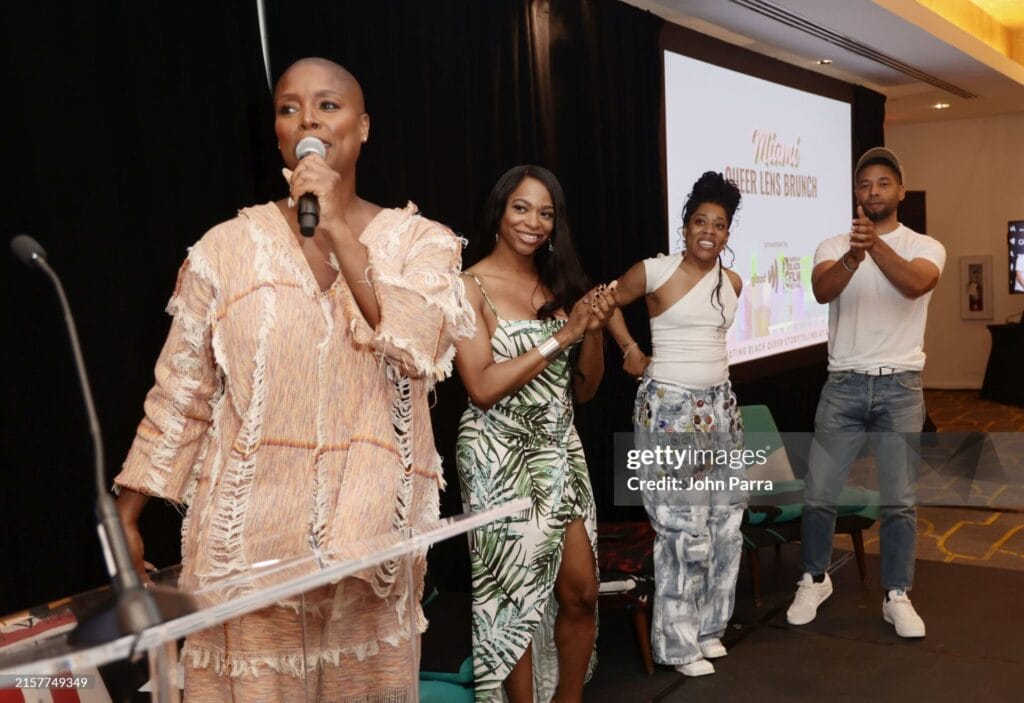 MIAMI BEACH, FLORIDA - JUNE 15: Sidra Smith, Alexandra Grey, Jonica Booth and Jussie Smollett speak on stage during the Queer Lens Brunch: Celebrating Black Queer Storytelling at ABFF at Royal Palm South Beach Miami on June 15, 2024 in Miami Beach, Florida. (Photo by John Parra/Getty Images for GLAAD) | GLAAD MIAMI BEACH, FLORIDA - JUNE 15: Sidra Smith, Alexandra Grey, Jonica Booth and Jussie Smollett speak on stage during the Queer Lens Brunch: Celebrating Black Queer Storytelling at ABFF at Royal Palm South Beach Miami on June 15, 2024 in Miami Beach, Florida. (Photo by John Parra/Getty Images for GLAAD)