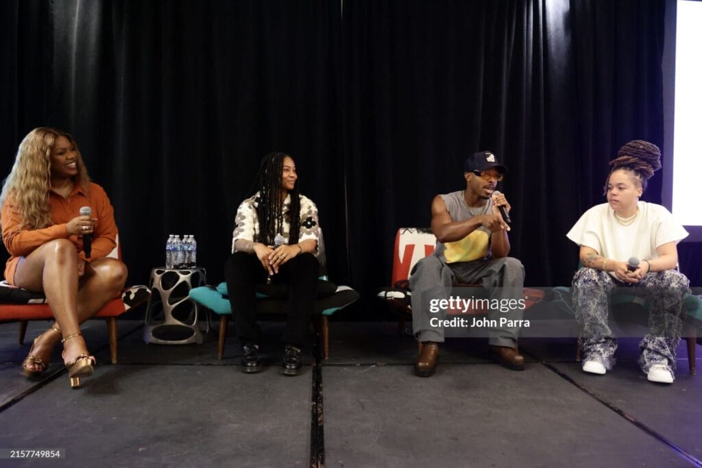 MIAMI BEACH, FLORIDA - JUNE 15: Shar Jossell, Soy Giraud, Donnie Hue Frazier III and Alexander King speak on stage during the Queer Lens Brunch: Celebrating Black Queer Storytelling at ABFF at Royal Palm South Beach Miami on June 15, 2024 in Miami Beach, Florida. (Photo by John Parra/Getty Images for GLAAD) | GLAAD MIAMI BEACH, FLORIDA - JUNE 15: Shar Jossell, Soy Giraud, Donnie Hue Frazier III and Alexander King speak on stage during the Queer Lens Brunch: Celebrating Black Queer Storytelling at ABFF at Royal Palm South Beach Miami on June 15, 2024 in Miami Beach, Florida. (Photo by John Parra/Getty Images for GLAAD)