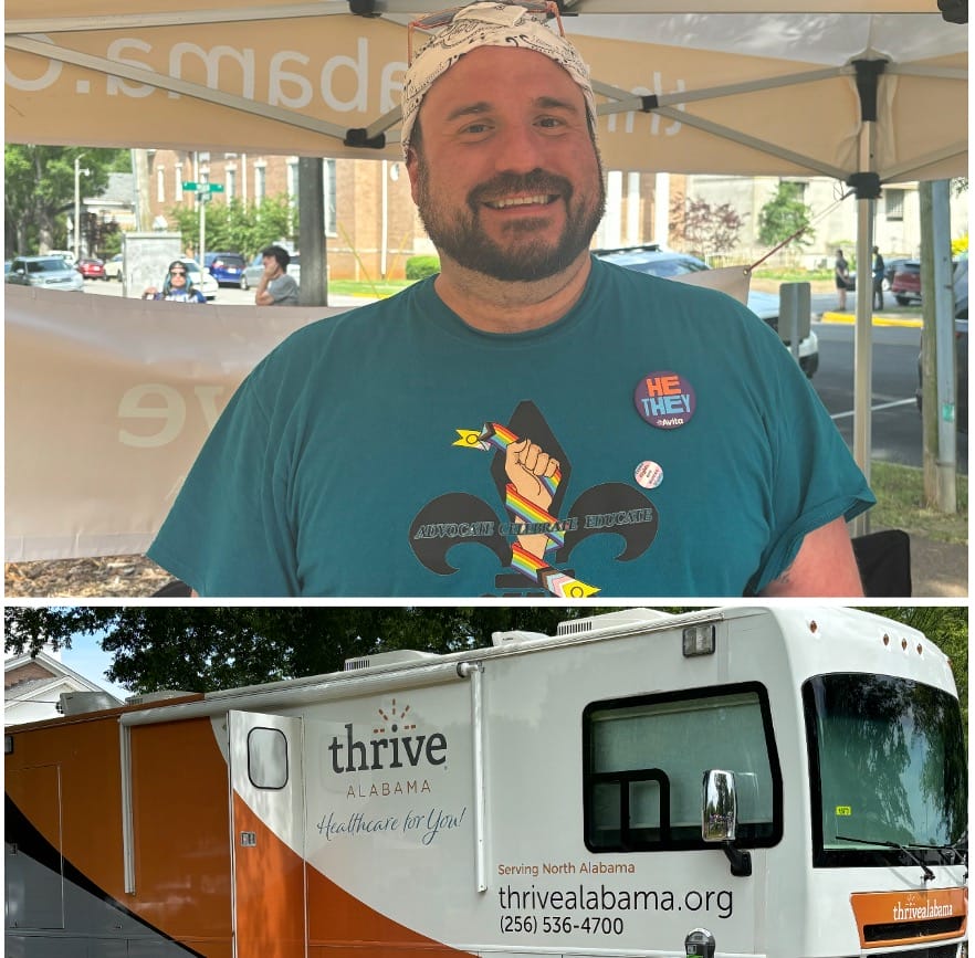 Jonathan Dunlap (pictured-top) is a Shoals Diversity Center board member and HIV Prevention Educator at Thrive Alabama. The Thrive mobile testing unit (pictured below). | GLAAD Jonathan Dunlap (pictured-top) is a Shoals Diversity Center board member and HIV Prevention Educator at Thrive Alabama. The Thrive mobile testing unit (pictured below).