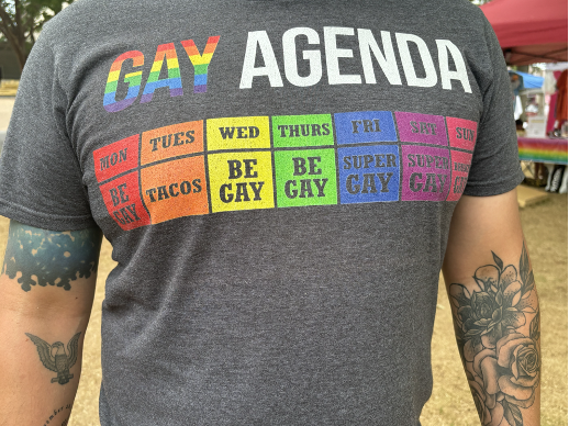 Renaissance City Pride attendee in “Gay Agenda” T-shirt. | GLAAD Renaissance City Pride attendee in “Gay Agenda” T-shirt.