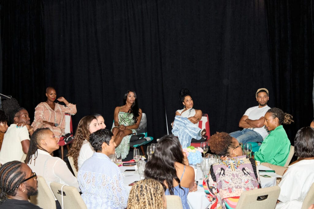 | GLAAD (L-R) Sidra Smith, Alexandra Grey, Jonica Booth, and Jussie Smollett talk on a panel at GLAAD's Queer Lens Brunch at the 2024 American Black Film Festival (ABFF). Photo By JElijahPhotos.