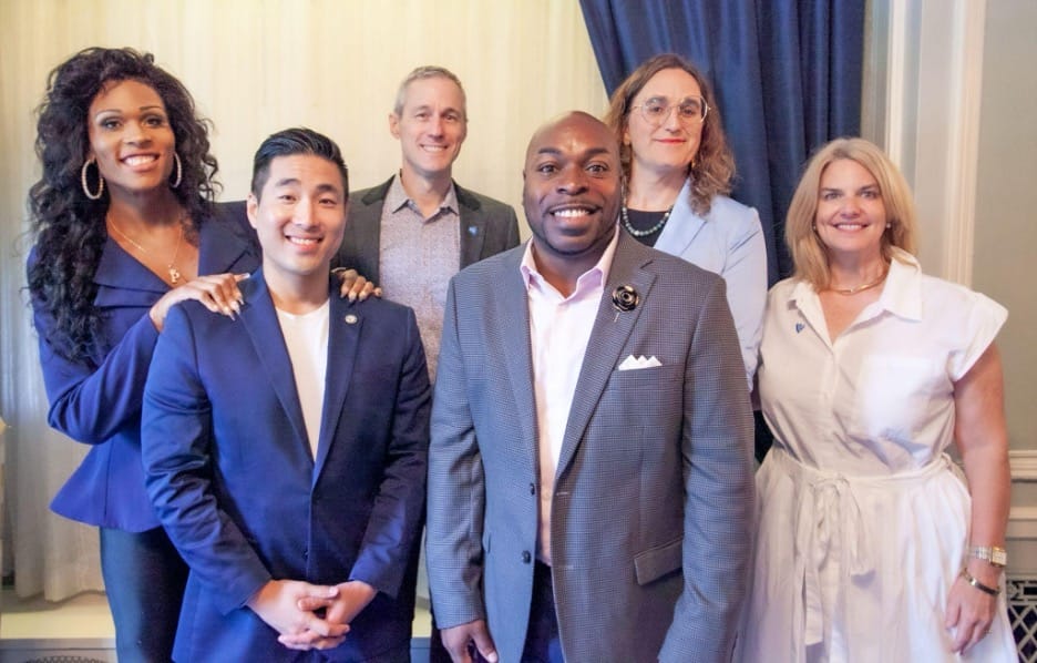 (L to R) Peppermint, Rep. Sam Park, Ross Murray, Rep. Leigh Finke, Sarah Kate Ellis, and Darian Aaron (center) led GLAAD’s Culture Briefing for DNC Delegates and Press on August 20, 2024.