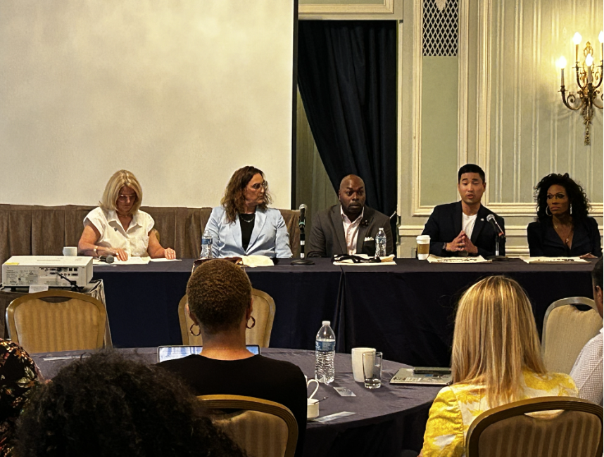 Moderator Sarah Kate Ellis, Rep. Leigh Finke, Darian Aaron, Rep. Sam Park, and Peppermint speak at The Drake Hotel during GLAAD’s Culture Briefing on August 20, 2024. | GLAAD Moderator Sarah Kate Ellis, Rep. Leigh Finke, Darian Aaron, Rep. Sam Park, and Peppermint speak at The Drake Hotel during GLAAD’s Culture Briefing on August 20, 2024.