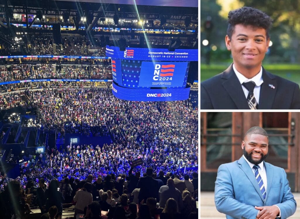 Thousands gathered inside Chicago's United Center on August 19, 2024, for the start of the Democratic National Convention. Queer delegates Blake Robinson (top right) and Antwon Womack (bottom right) are representing Georgia and Alabama.