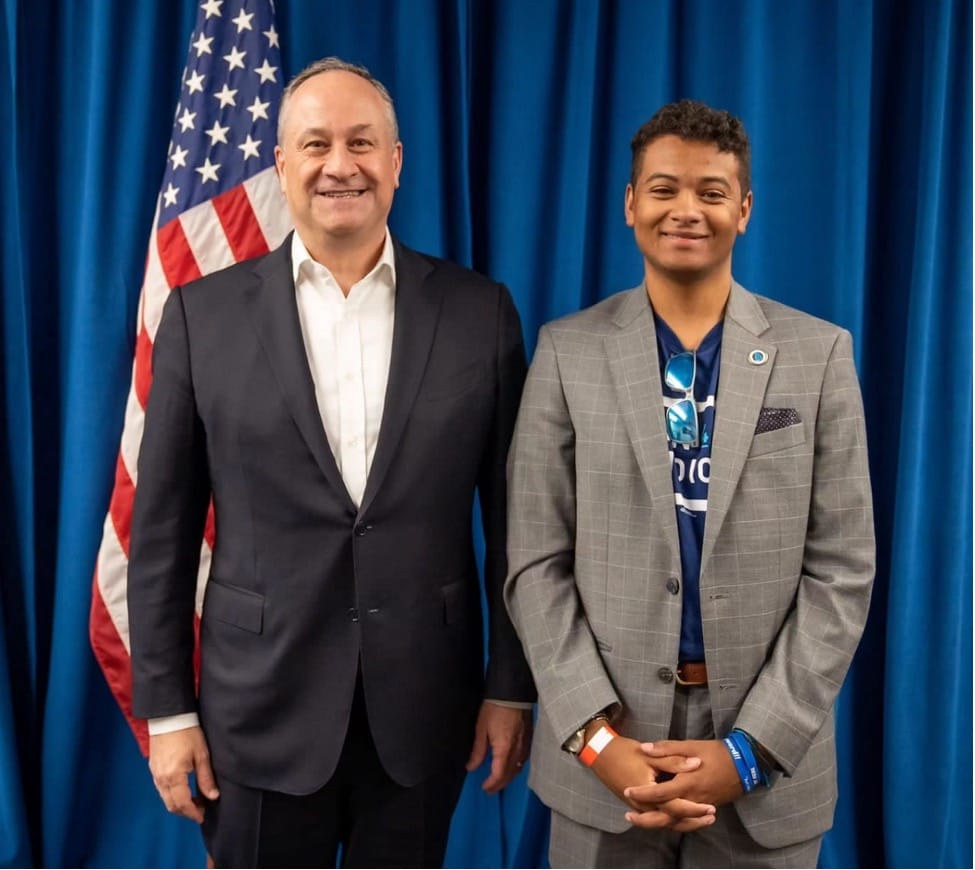 Second Gentleman Doug Emhoff (left), pictured with queer DNC Georgia Delegate Blake Robinson. (Image: Instagram) | GLAAD Second Gentleman Doug Emhoff (left), pictured with queer DNC Georgia Delegate Blake Robinson.