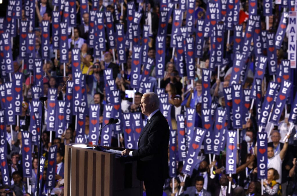 President Joe Biden speaks onstage during the first day of the Democratic National Convention at the United Center on August 19, 2024 in Chicago, Illinois.