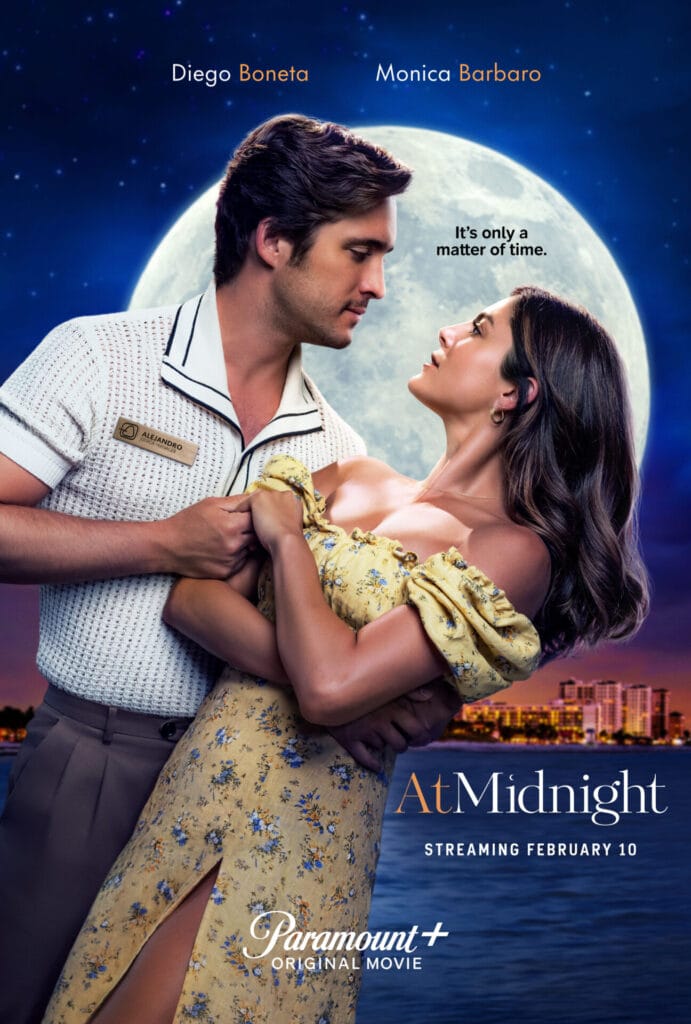 Diego Boneta stars as Alejandro and Monica Barbaro as Sophie Wilder in AT MIDNIGHT streaming on Paramount +  CREDIT: Paramount + © 2022 Viacom International Inc. All Rights Reserved. | GLAAD At Midnight Key Art