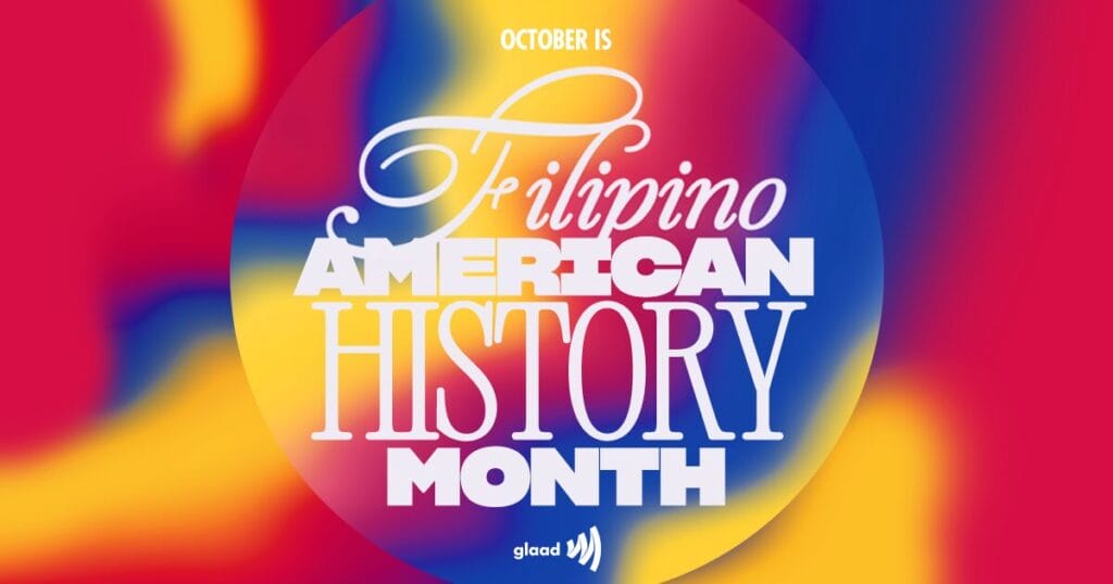 a banner for filipino American History Month with red, blue, and yellow swirling in the background