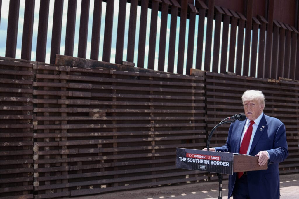 Former US President and Republican presidential candidate Donald Trump speaks about immigration and border security near Coronado National Memorial in Montezuma Pass, Arizona, August 22, 2024.