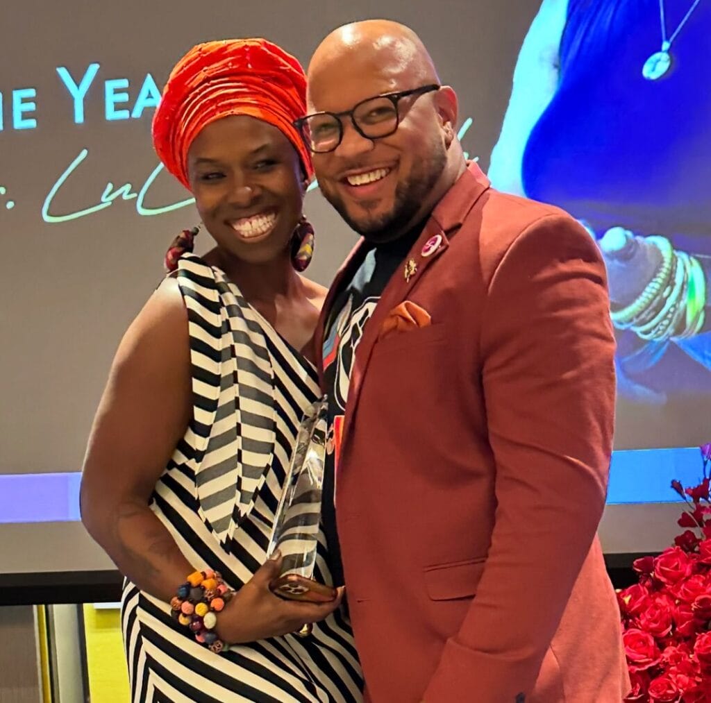 Pioneer of the Year Award recipient Uchenna “Dr. Lulu” Umeh poses with The Trans Life Awards President and CEO Dewayne Queen at the awards ceremony in Atlanta, GA, on August 31, 2024. | GLAAD Pioneer of the Year Award recipient Uchenna “Dr. Lulu” Umeh poses with The Trans Life Awards President and CEO Dewayne Queen at the awards ceremony in Atlanta, GA, on August 31, 2024.