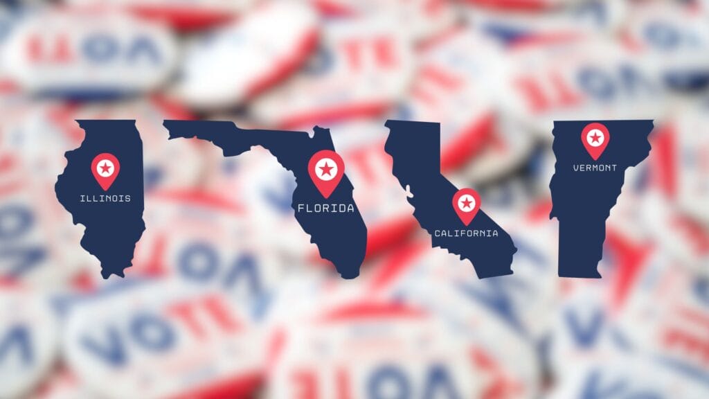 Vote buttons that read "VOTE" with a small subheader of "Presidental Election" underneath in white, red and blue. There are many buttons and over the blurred image is a blue image of four navy blue states with red destination points on them. Each state reads in order from left to right: Illinois, Florida, California, and Vermont