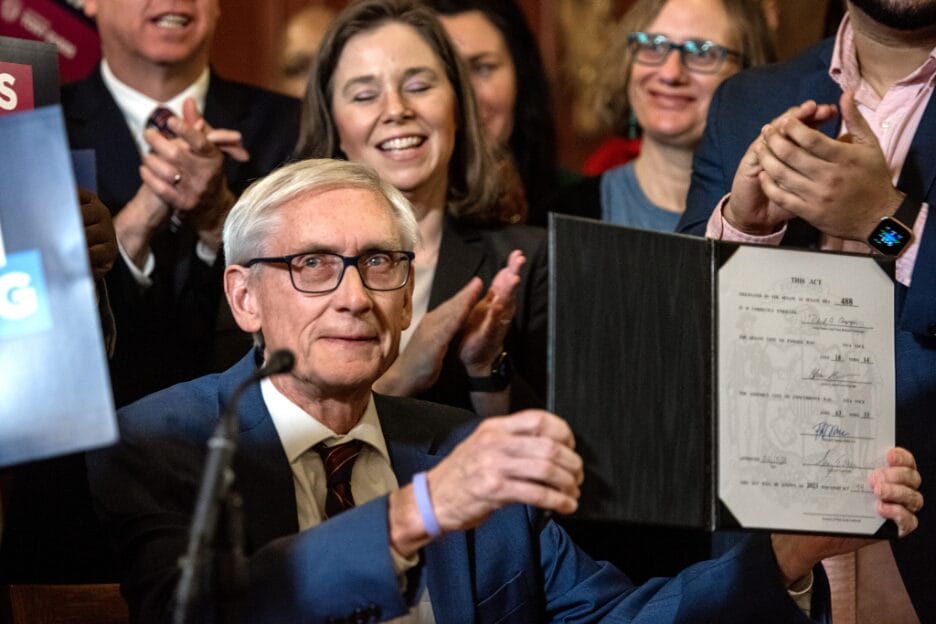 Wisconsin Gov. Tony Evers signs new legislative maps into law Feb. 19, 2024. | GLAAD Wisconsin Gov. Tony Evers signs new legislative maps into law Feb. 19, 2024.