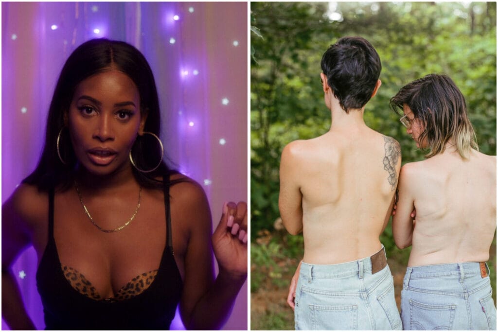 Left: Still from Dilating for Maximum Results (2023), by Nyala Moon; Right: Backs to Camera by riel & Bianca Sturchio.