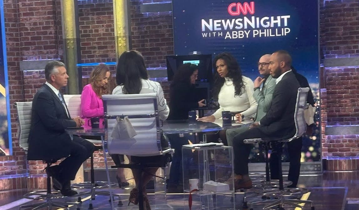 CNN panel Peppermint | GLAAD Peppermint and Shane Diamond on the set of CNN Newsnight with Abby Phillip, December 4, 2024, with panelists Abel Maldonado, Julie Roginsky, and Coleman Hughes