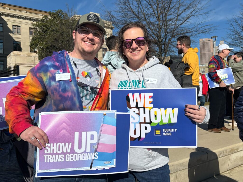 Rome, Georgia LGBTQ advocates Hayden Lane (left) and Lynn Green (right) pose following the Stand Up for Trans Georgians Rally at Liberty Plaza on January 13, 2025, in Atlanta, Georgia. | GLAAD Rome, Georgia LGBTQ advocates Hayden Lane (left) and Lynn Green (right) pose following the Stand Up for Trans Georgians Rally at Liberty Plaza on January 13, 2025, in Atlanta, Georgia.